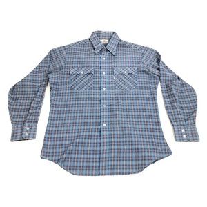 Vintage 1970's Levis White Tag Blue Plaid Check Print L/S Shirt SZ L